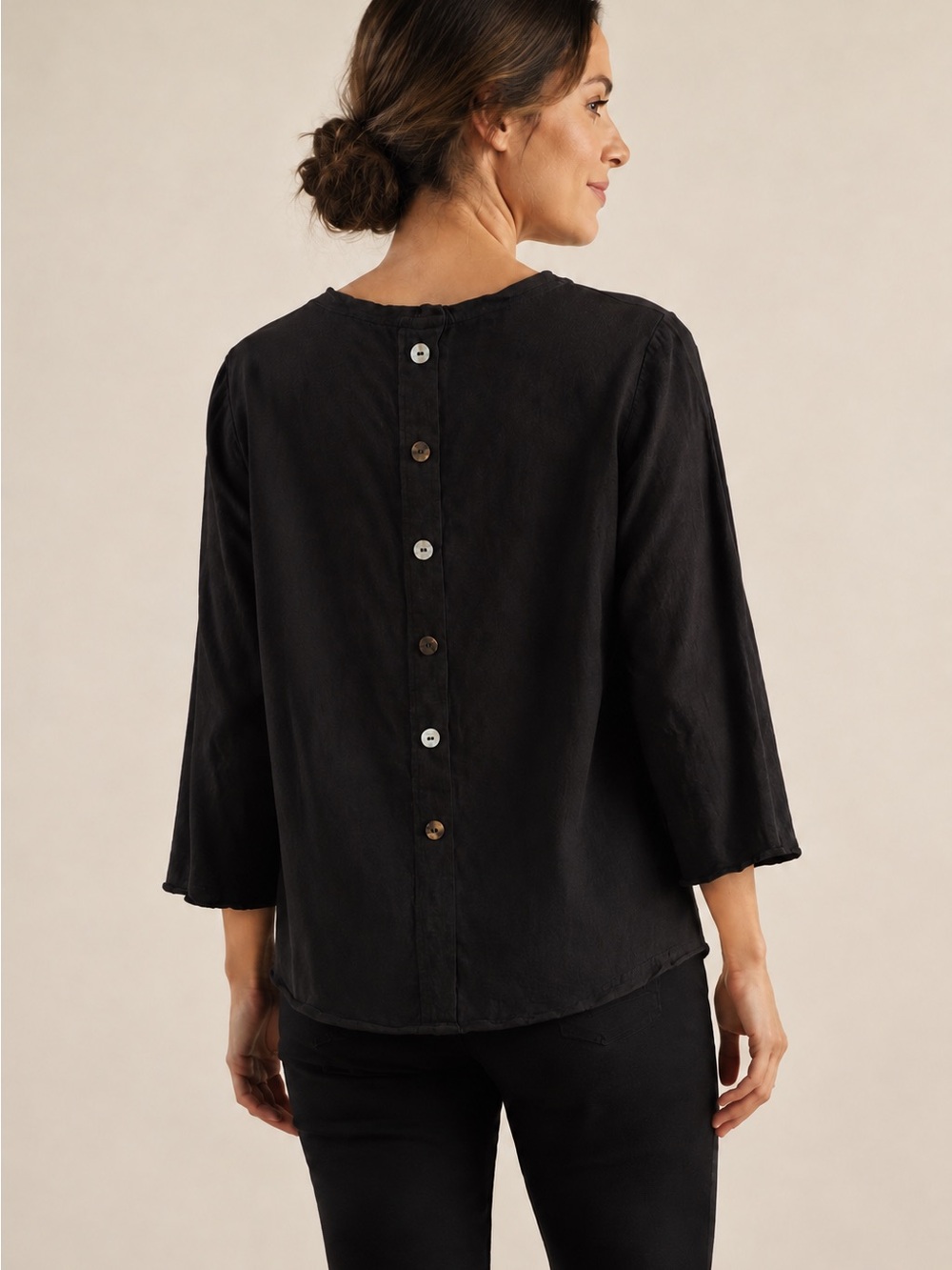 Neon Buddha Black Cotton Cowl Neck Top Decorative Back Buttons Size M